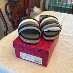 Tory Burch Quilted Flatform Napa Leather Stylish BlackSlide Sandals