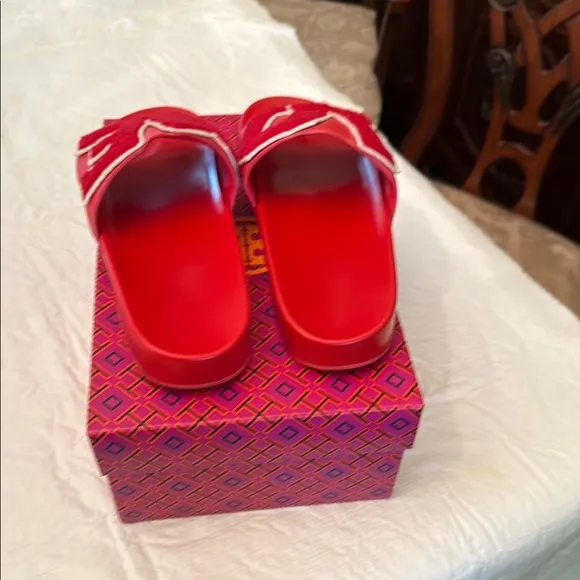 Tory Burch Red Slide Sandals with 'LOVE' Design