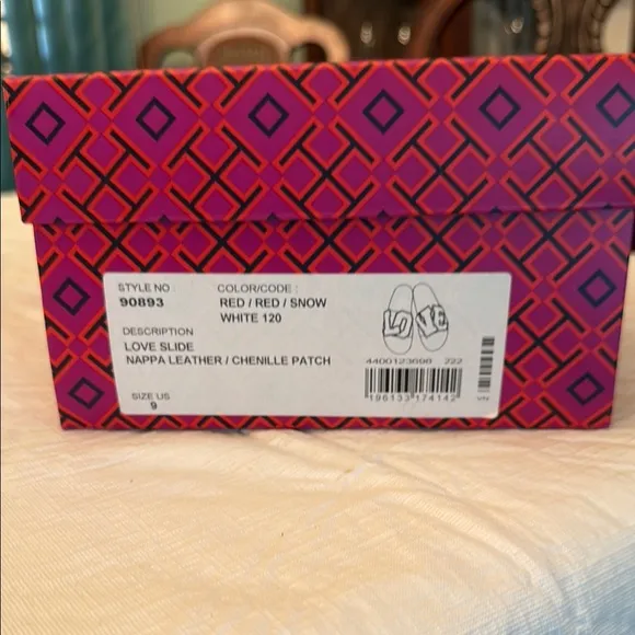 Tory Burch Red Slide Sandals with 'LOVE' Design