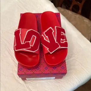 Tory Burch Red Slide Sandals with 'LOVE' Design
