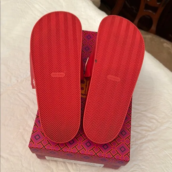 Tory Burch Red Slide Sandals with 'LOVE' Design