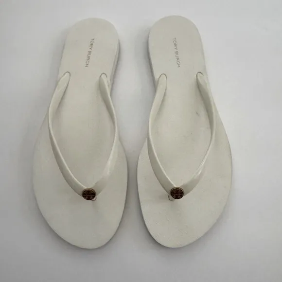 Tory Burch Solid Thin Flip-Flop Sandals, New Ivory/Gold, Size 9