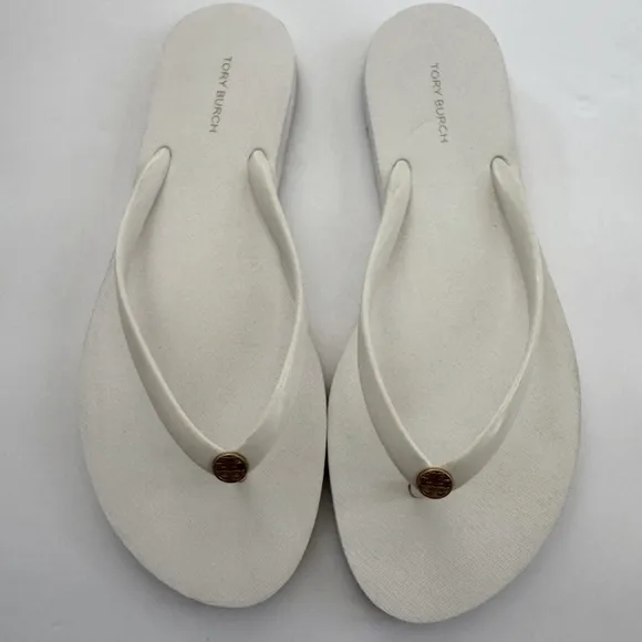 Tory Burch Solid Thin Flip-Flop Sandals, New Ivory/Gold, Size 9