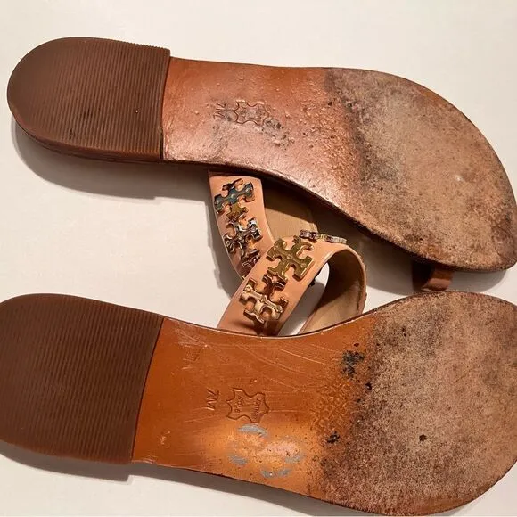 Tory Burch Val Patent Toe-Ring Sandal Tan with Gold Logo Accents Size 7