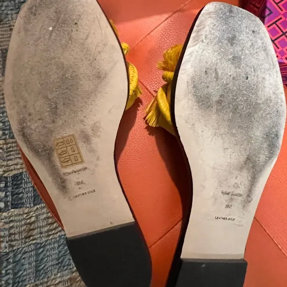 Tory Burch Yellow Raffia Sandals with Ruffled Bow
