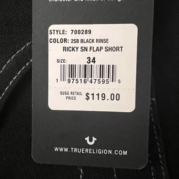 TRUE RELIGION  Men'S Black RICKY Short  Size 34 Relaxed Straight Fit NWT