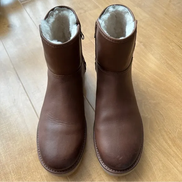 UGG Abree Mini Brown Leather Ankle Boots, Women’s Size 12