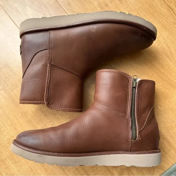 UGG Abree Mini Brown Leather Ankle Boots, Women’s Size 12