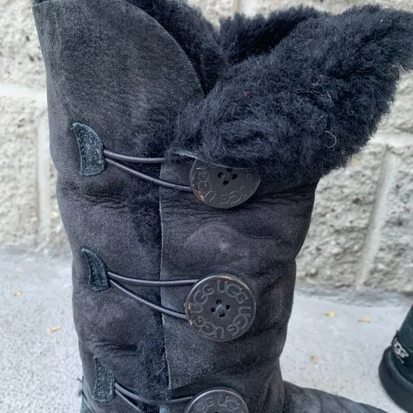 UGG AUSTRALIA Bailey Button Boots Womens 7 38 Black Shearling Tall Boot VGUC