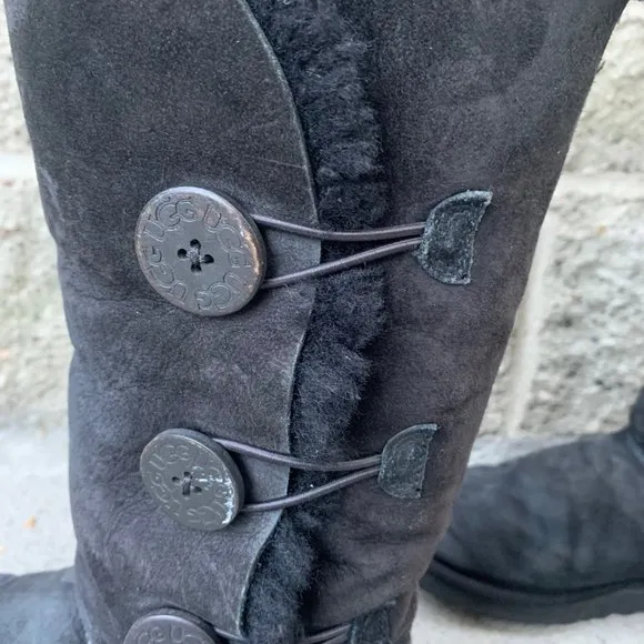 UGG AUSTRALIA Bailey Button Boots Womens 7 38 Black Shearling Tall Boot VGUC