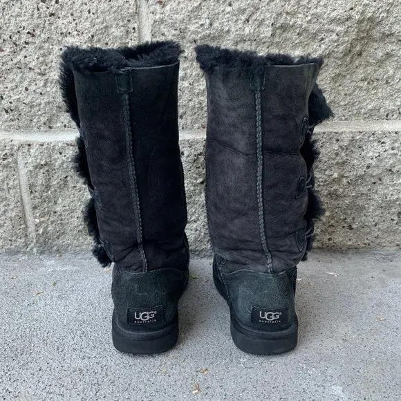 UGG AUSTRALIA Bailey Button Boots Womens 7 38 Black Shearling Tall Boot VGUC