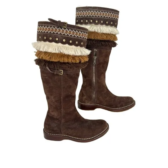 UGG AUSTRALIA Boots‎ Womens Sz 6 Brown Tall Suede Sheepskin Fringe Native 5547