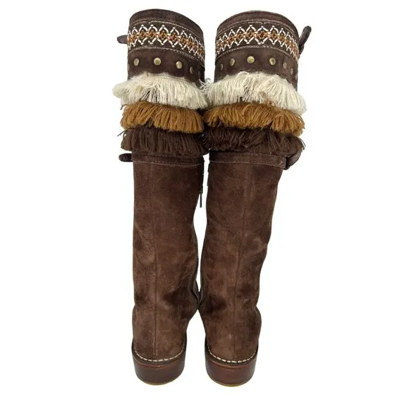 UGG AUSTRALIA Boots‎ Womens Sz 6 Brown Tall Suede Sheepskin Fringe Native 5547