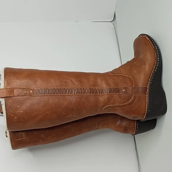UGG Australia -Leather Wedge Tall Boots w/ Sheepskin - British Tan -size 6