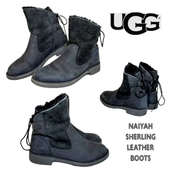UGG Australia Uggs Naiyah Black Leather Boots Shearling warm 8