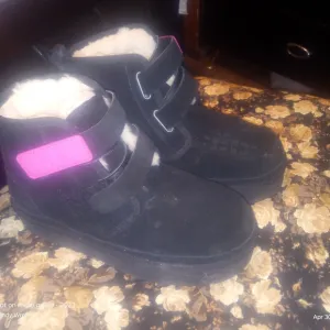 UGG Black and Pink Suede Boots with Strap Closure