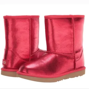 UGG Classic II Short Kids Metallic Sparkle Leather Red Boots Size 1