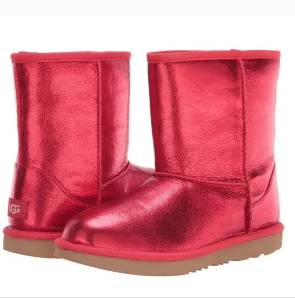 UGG Classic II Short Kids Metallic Sparkle Leather Red Boots Size 1