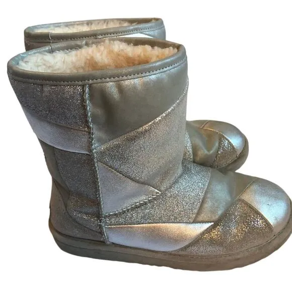 UGG Classic Short II Silver Gray Leather Patchwork Snow Boots Girls Size 5