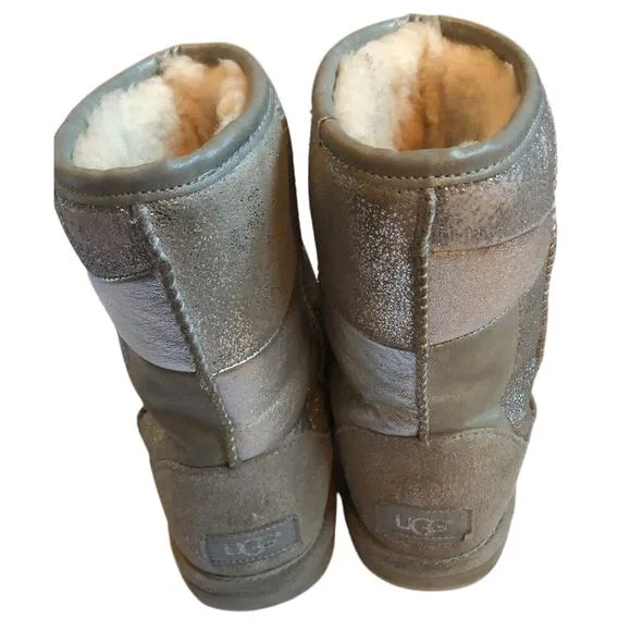 UGG Classic Short II Silver Gray Leather Patchwork Snow Boots Girls Size 5