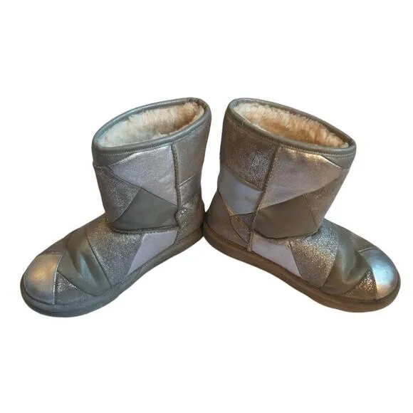 UGG Classic Short II Silver Gray Leather Patchwork Snow Boots Girls Size 5