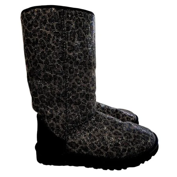 UGG Classic Tall Glitter Women Boots Leopard Animal Sherling Black US 7 Warm