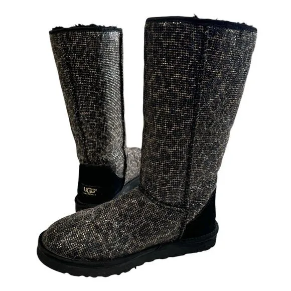 UGG Classic Tall Glitter Women Boots Leopard Animal Sherling Black US 7 Warm