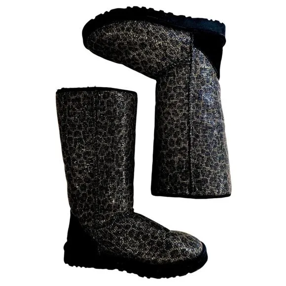 UGG Classic Tall Glitter Women Boots Leopard Animal Sherling Black US 7 Warm