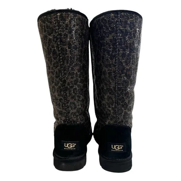 UGG Classic Tall Glitter Women Boots Leopard Animal Sherling Black US 7 Warm
