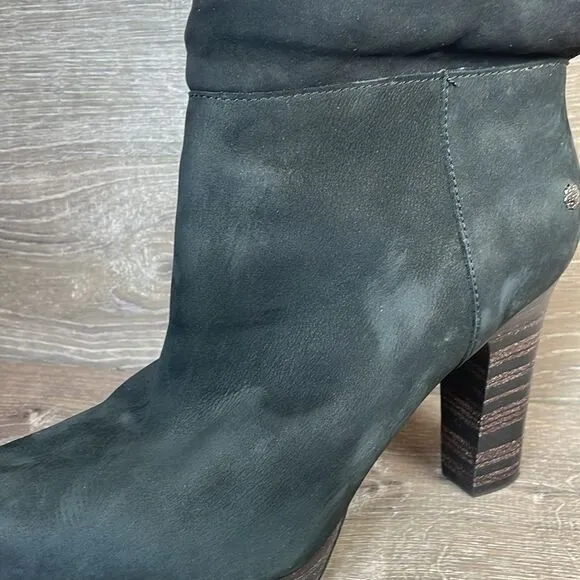 Ugg Dandylion Black Leather Women’s Sz 9.5 Gray Sheepskin Fold Over 4” Heel Boot