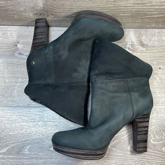 Ugg Dandylion Black Leather Women’s Sz 9.5 Gray Sheepskin Fold Over 4” Heel Boot