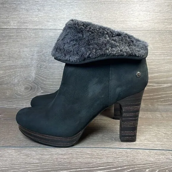 Ugg Dandylion Black Leather Women’s Sz 9.5 Gray Sheepskin Fold Over 4” Heel Boot