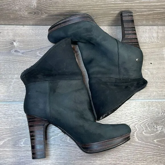 Ugg Dandylion Black Leather Women’s Sz 9.5 Gray Sheepskin Fold Over 4” Heel Boot