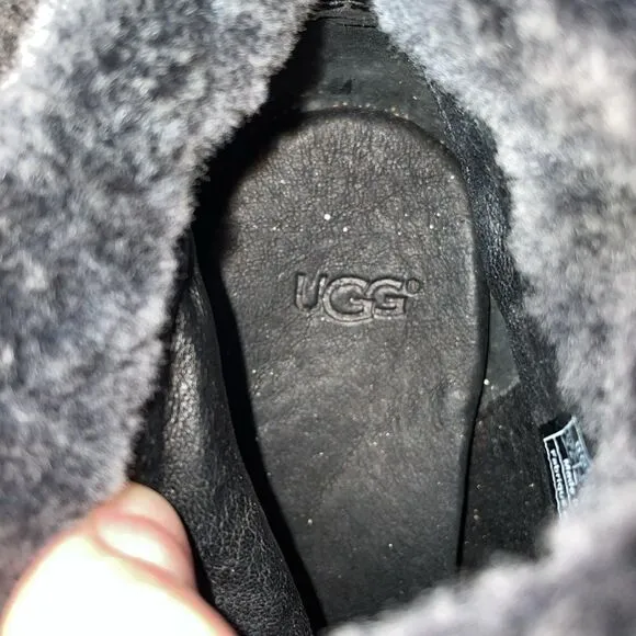 Ugg Dandylion Black Leather Women’s Sz 9.5 Gray Sheepskin Fold Over 4” Heel Boot