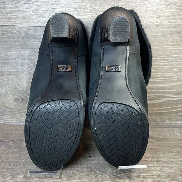 Ugg Dandylion Black Leather Women’s Sz 9.5 Gray Sheepskin Fold Over 4” Heel Boot