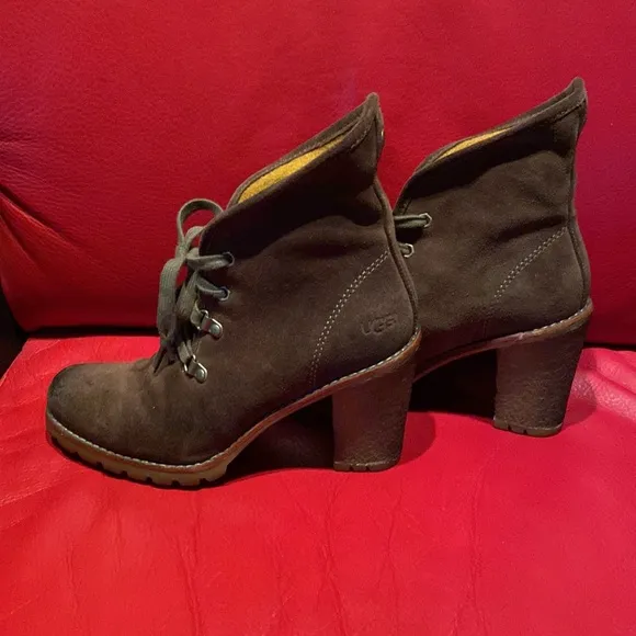 Ugg Distressed Warm Brown Suede Yellow Logo Wool Sheepskin Lining Boots