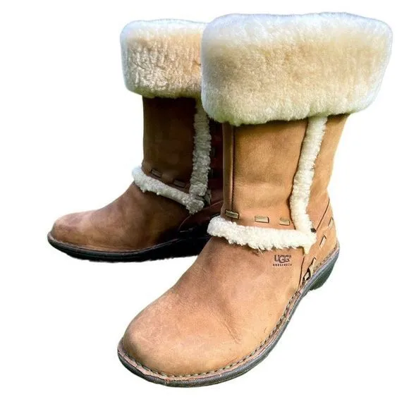 UGG‎ Elijo Chestnut Leather &amp; Shearling Boots — SZ 8 EXCELLENT CONDITION