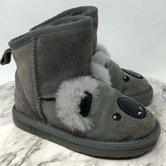 Ugg EverAU Koala Kids Suede Shearling Lined Soft Boots Classic Cozy Warm Casual