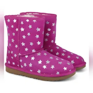 UGG Girls Fleecy Velvet Leathet Warm Faux Fur  Pink Boots with Stars Size 5