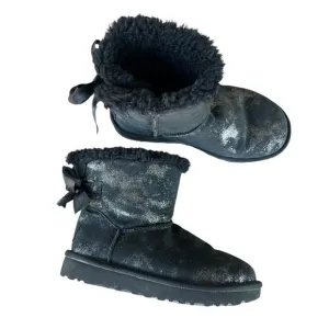 UGG Mini Bailey Bow Glimmer Plush Winter Boots Black Glitter Shimmer Size 5 GUC