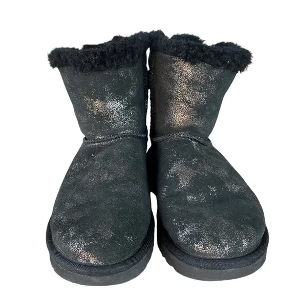 UGG Mini Bailey Bow Glimmer Plush Winter Boots Black Glitter Shimmer Size 5 GUC
