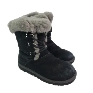 UGG Sophy Girls Size 4Y Black Grey Faux Fur Lace Up Warm Winter Snow Boots