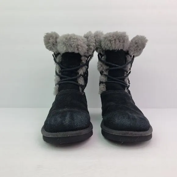 UGG Sophy Girls Size 4Y Black Grey Faux Fur Lace Up Warm Winter Snow Boots