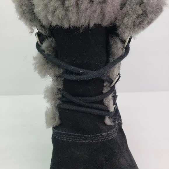 UGG Sophy Girls Size 4Y Black Grey Faux Fur Lace Up Warm Winter Snow Boots
