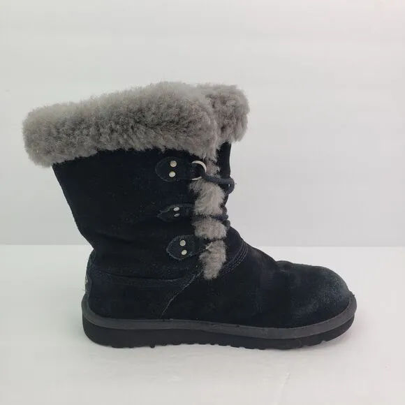 UGG Sophy Girls Size 4Y Black Grey Faux Fur Lace Up Warm Winter Snow Boots