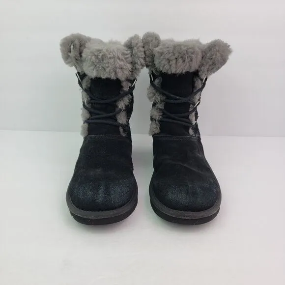 UGG Sophy Girls Size 4Y Black Grey Faux Fur Lace Up Warm Winter Snow Boots