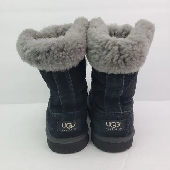 UGG Sophy Girls Size 4Y Black Grey Faux Fur Lace Up Warm Winter Snow Boots