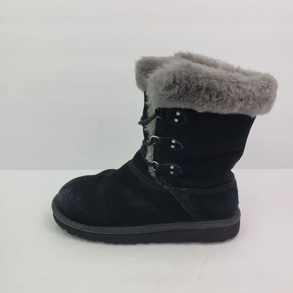 UGG Sophy Girls Size 4Y Black Grey Faux Fur Lace Up Warm Winter Snow Boots