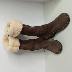 UGG Suede &amp; Sheepskin Tall Wedge  Boots w/ Zippers - Brown - size 9