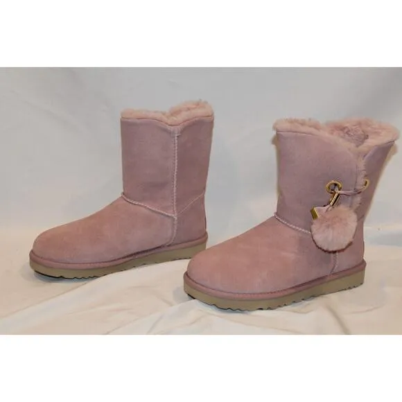 UGG WOMEN'S IRINA STAR CHARM BAILEY POM‎ SUEDE SHEARLING ANKLE BOOTS PINK